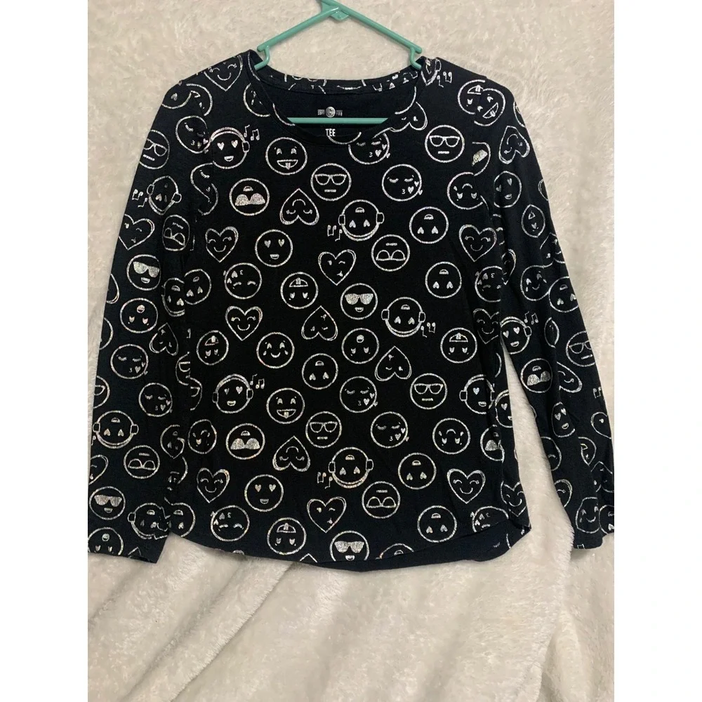 SO Cutest Tee Girls Black Silver Glitter Emoji Long Sleeve Shirt Size 16 Relaxed